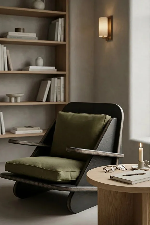 Berjer Tekli Ahşap Siyah Berjer Yeşil Keten Kumaş